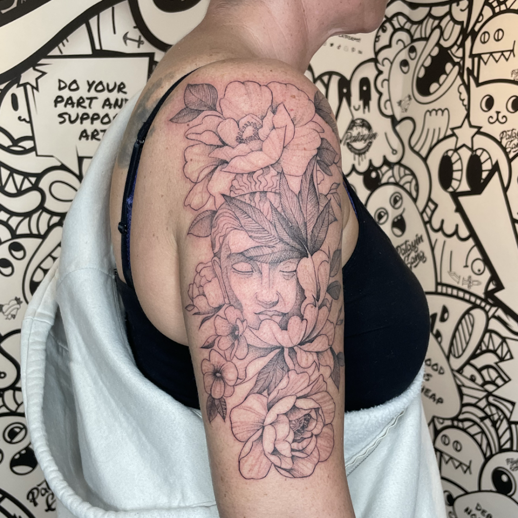Buddha and floral half-sleeve for women.