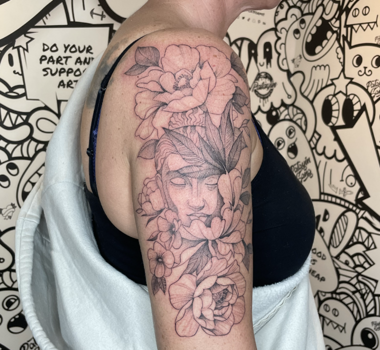 Buddha and floral half-sleeve for women.