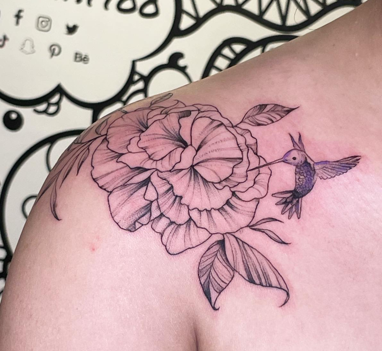 Carnation and hummingbird fine line tattoo