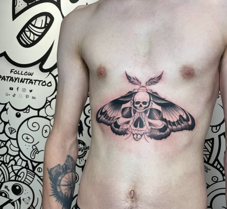 Death moth - stomach tattoo for men.
