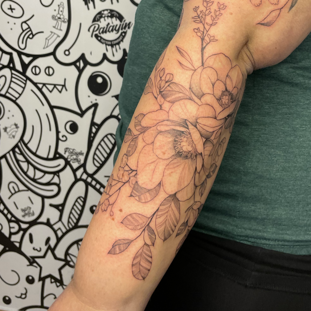 Fine Line Peony Tattoo