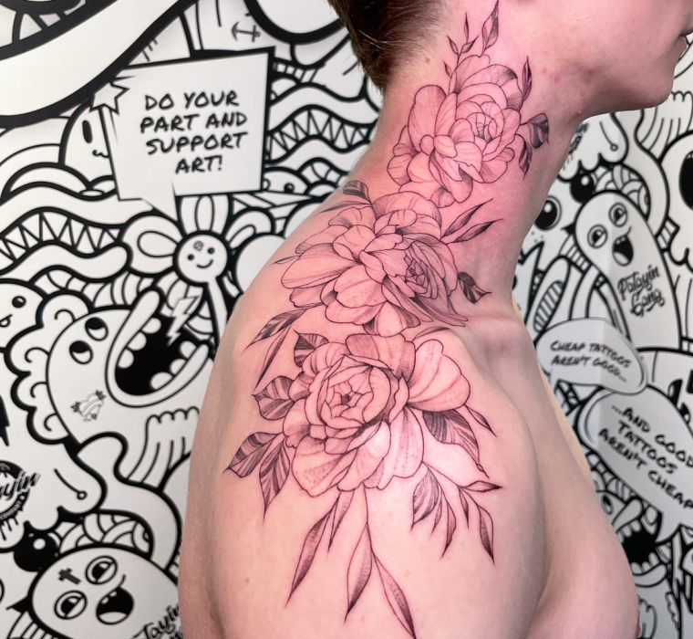Shoulder and neck peony fine line tattoo for men.