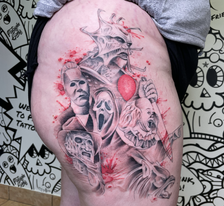 Horror Thigh Tattoo with Jeepers Creepers, Jason, Scream, Freddy, Pennywise