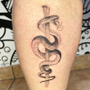 Rod of Asclepius fine-line and realism tattoo.