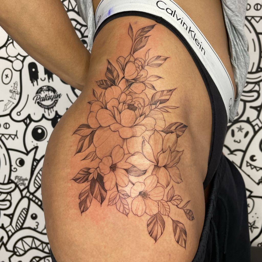Peonies hip tattoo