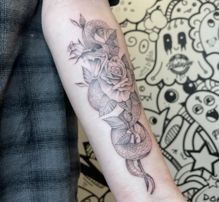 Snake and rose tattoo
