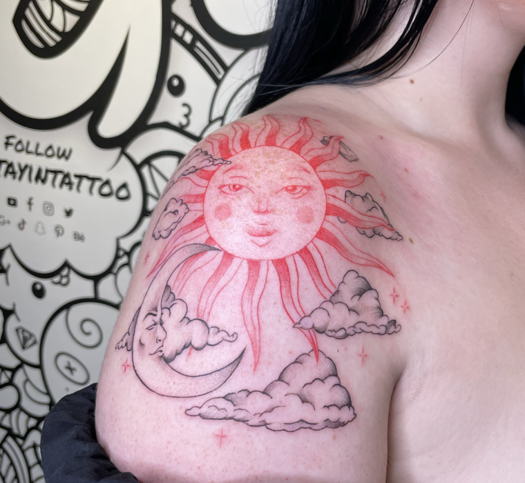 Fine line sun and clouds red and black ink