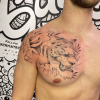 Tiger Chest to Shoulder Tattoo in back and grey asian style tattoo.