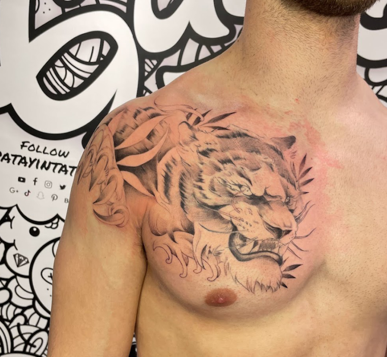 Tiger Chest to Shoulder Tattoo in back and grey asian style tattoo.