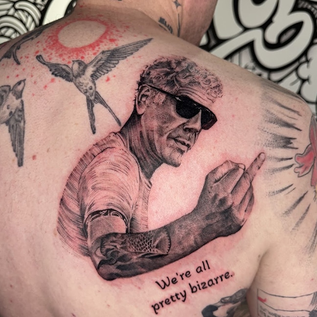 Anthony Bourdain portrait tattoo by Dennis Garcia @denninks