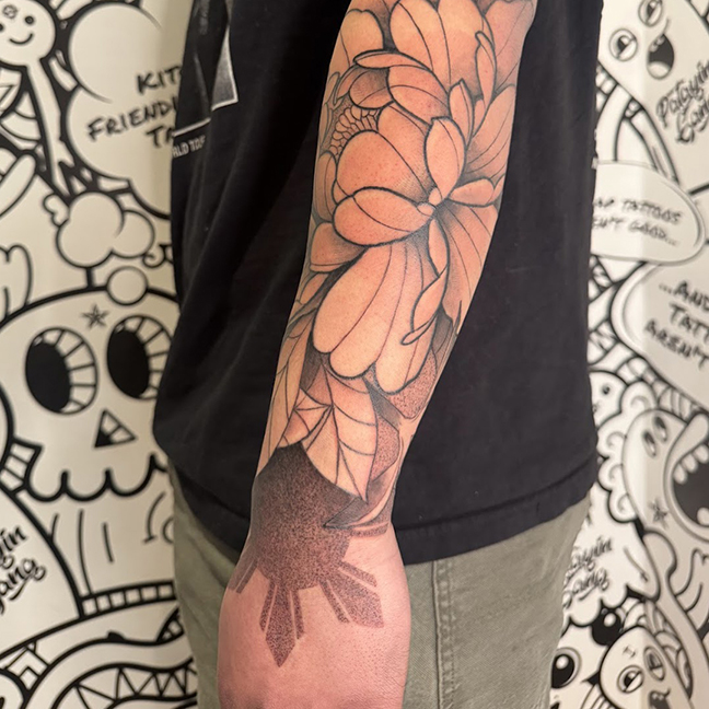 Japanese Traditional Peony and Philippine Sun Tattoo Sleeve