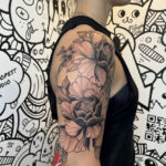 peonies-tattoo-michelle-patayingang Japanese Peonies black and grey half-sleeve tattoo