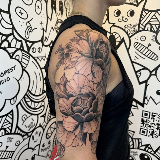Japanese Peonies black and grey half-sleeve tattoo